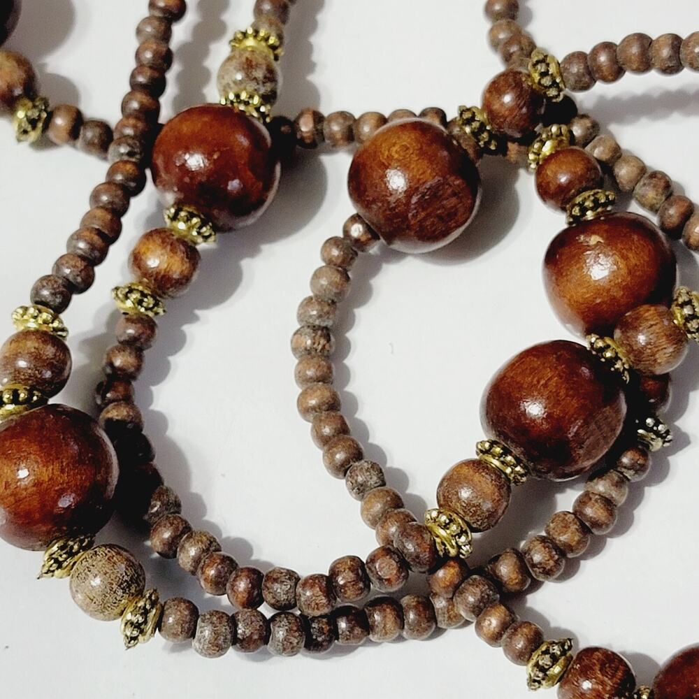 Vintage Long Wood Beaded Necklace 54” Boho Dark Brown Gold-tone Tribal br01-09